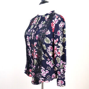 Ann Taylor Size M Lace Pleated Front Blouse Floral Print Navy Pink